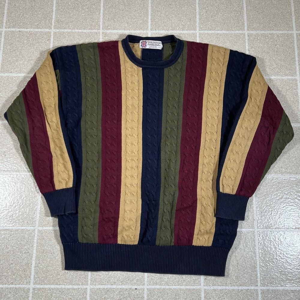 Vintage Sweater Slazenger Golf Size L 80s Color block Striped Cable Knit Cotton